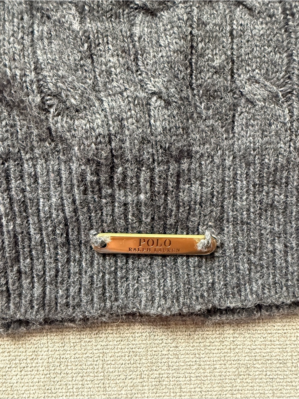 Polo by Ralph Lauren Gray Cable-Knit Crewneck Sweater with Brass Plaque